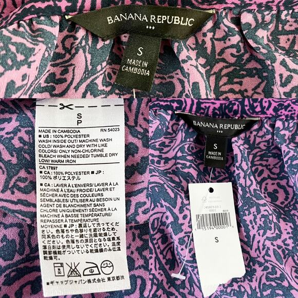 Banana Republic Top Blouse Small Purple Blue Print Semi Sheer New - Picture 7 of 10